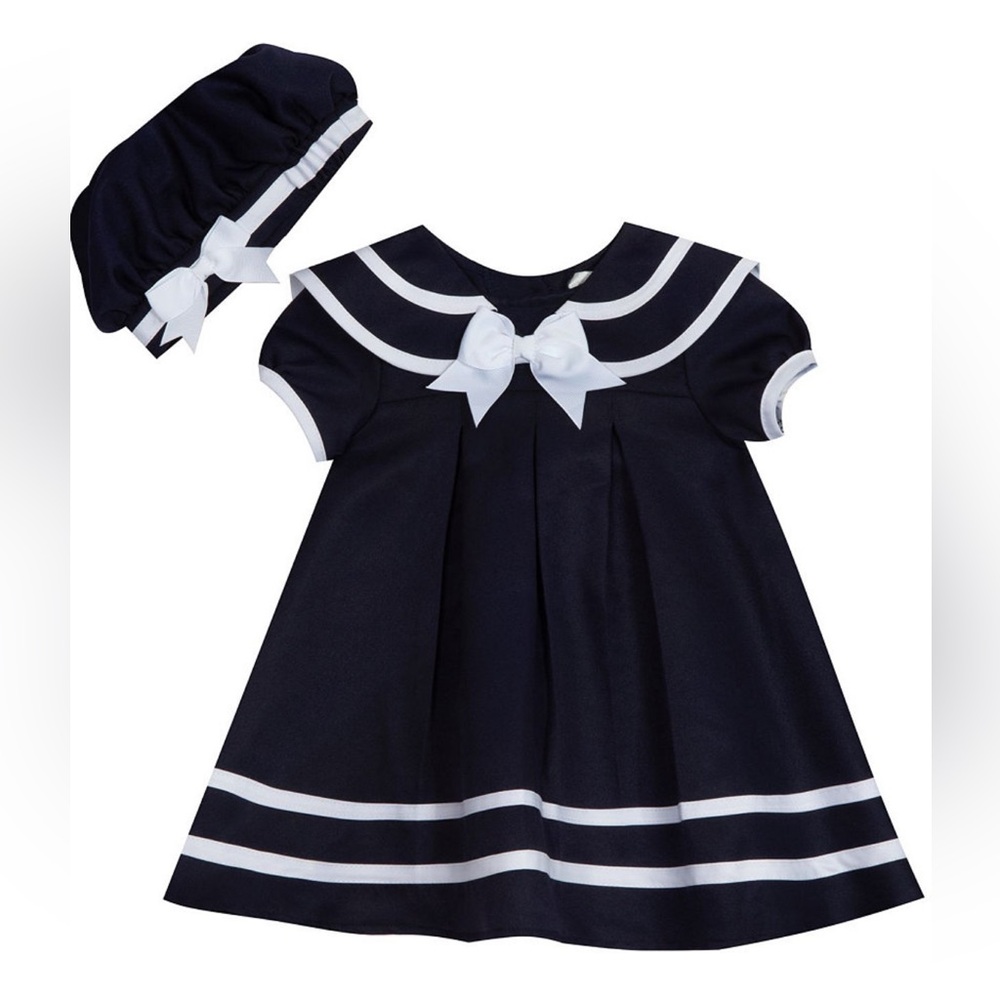 18 Mo Girls Rare Editions Sailor navy/ white 3 piece Dress, hat, underwear cover